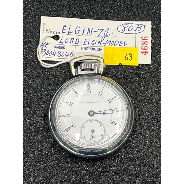Elgin 7 Jewel Lord Elgin Model Nickel Silver Case Size 16 SN#30048045  Antique Pocket Watch
