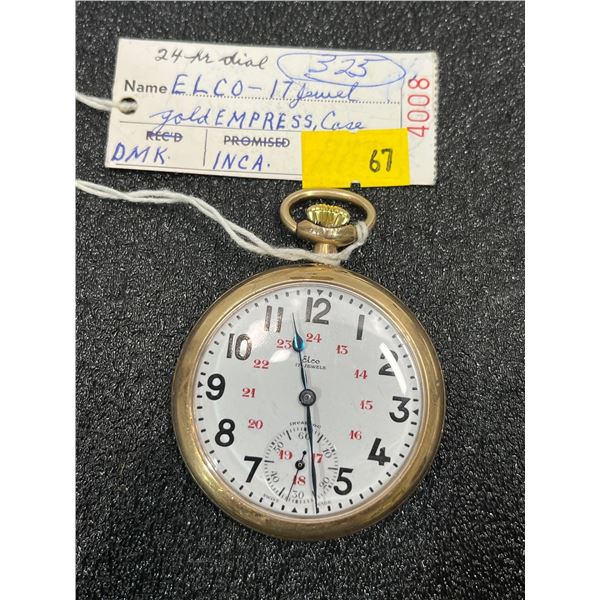 Elco 17 Jewel gold Empress Case 24hr Dial Inca Movement Size 16 Antique Pocket Watch