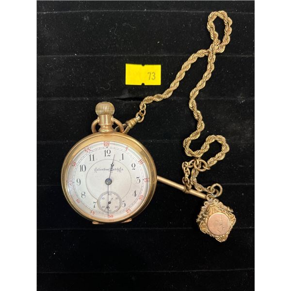 Columbus Watch Company Gold Plated Antique Pocket Watch with Chain (overwound, needs repair)