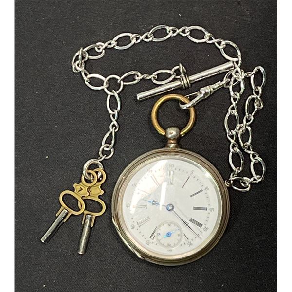 Cylindre 8 Rubis Double Back Lid Antique Pocket Watch with Chain and Wind Keys Engraved