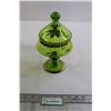 Image 1 : Vintage Romanian Green Glass Candy Dish - 9 1/2" Tall, Consignor Says No Chips or Cracks