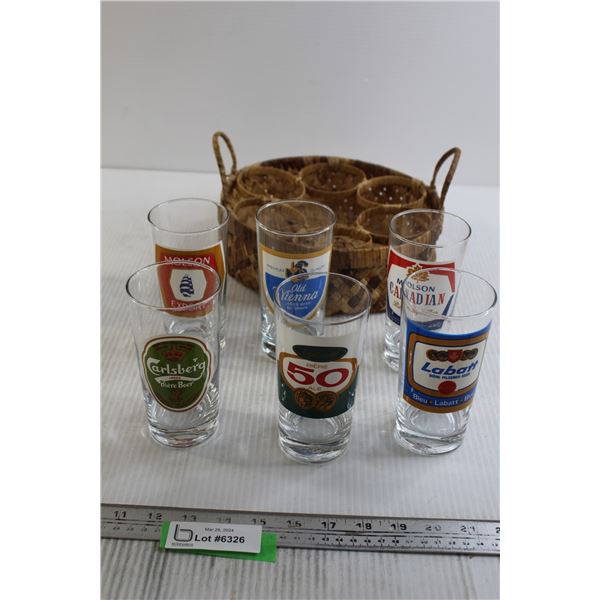 (6) Beer Brand Glasses, Wicker Holder