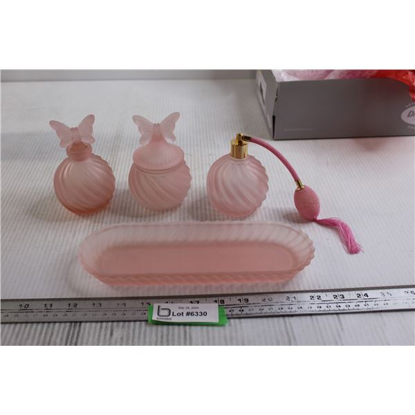 Frosted Pink Glass Dresser Set