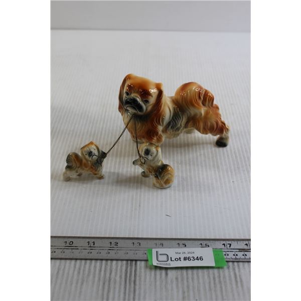 Vintage Pekingese Dog and Pups with Chain - Leg on Pup is Repaired