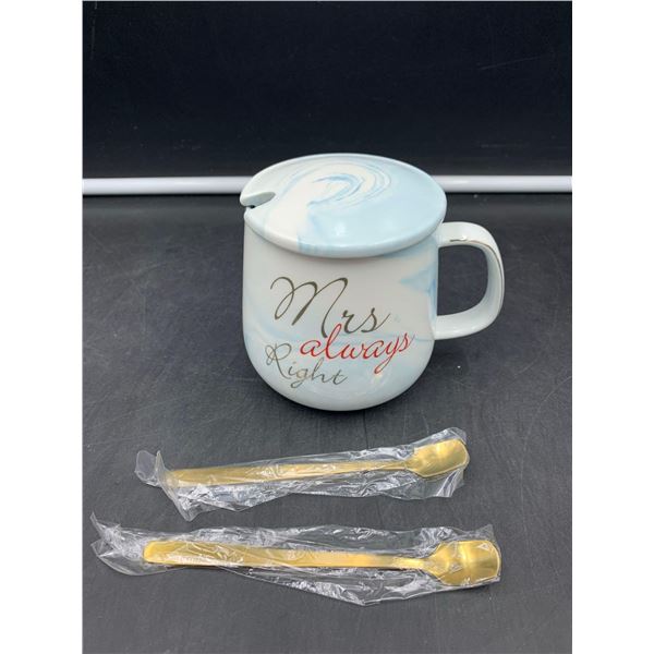 Mrs. Slways Right Coffee Cup and Spoons