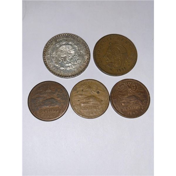 LOT of 5 Vintage Mexican Coins 1943, 44, 45 & 56 AND Silver Aztec Peso