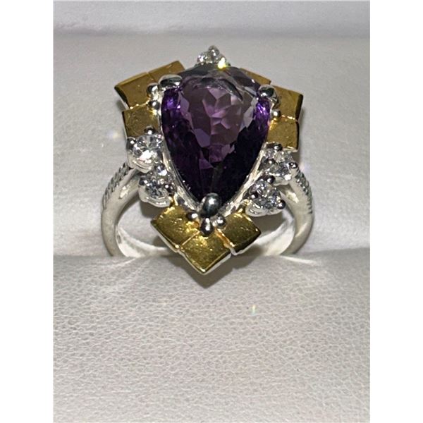 Natural Amethyst Pear Cut 8.36 Carat Solitaire Ring .925 Silver with certificate value $1100.00
