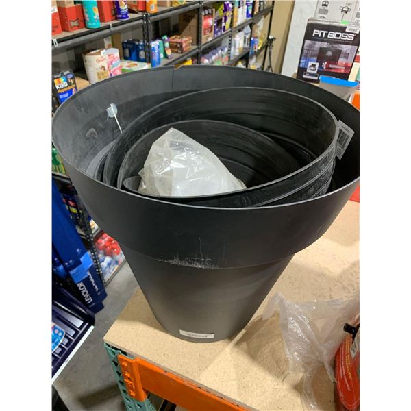 Combo lot of 18" black plastic planter, industrial funnel and flowerbed edging