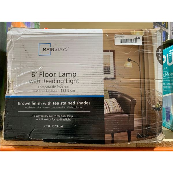 Mainstay 6' Floor Lamp w/ Reading Light Brown Finish w/ Tea Stained Shade