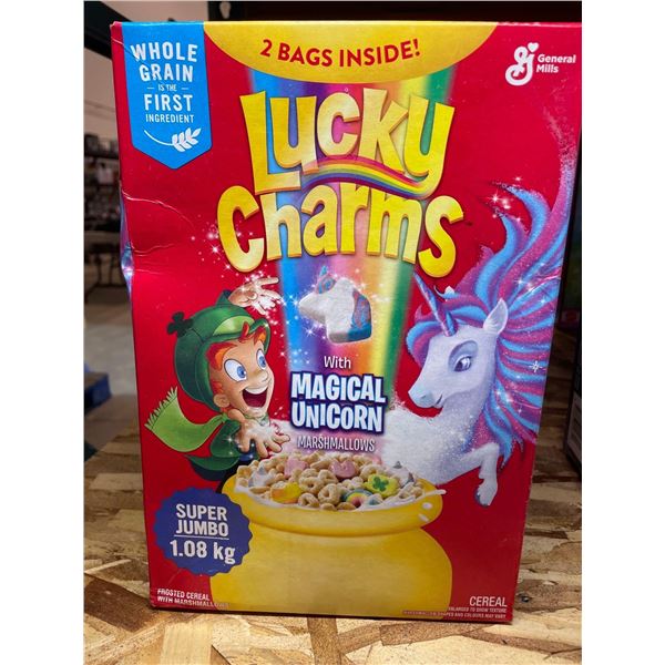 Lucky charms breakfast cereal, box of 2 bags of cereal