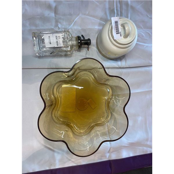 Lot of 3 household glassware items, soap dispenser, jar and serving dish