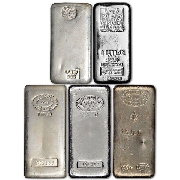 Five 1 Kilo (32.15 oz) Silver Bars - Random Brand. 999 Fine Total 160.75 Ounces Fine Silver