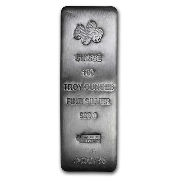 100 oz Silver Bar - PAMP Suisse (Serialized) Contains 100 oz of .999 fine silver.