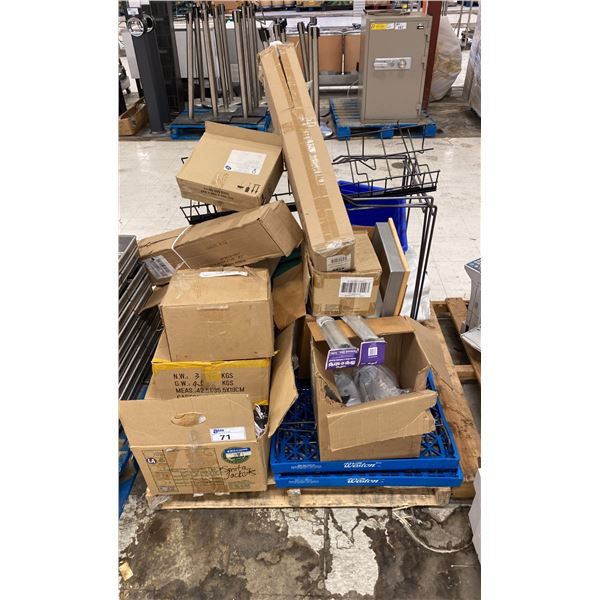 PALLET OF ASSORTED TRIMMINGS, SOAP DISPENSERS, RACKS, LIGHTBULBS, RECYCLING BINS & BAGS