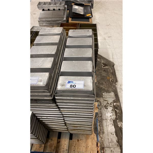 STACK OF STAINLESS STEEL COMMERCIAL 5 SECTION BREAD PANS - APPROX. 20