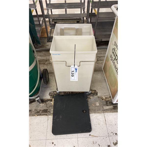 MOBILE COMMERCIAL SORTING BIN & PAIR OF BLACK WOODEN CUTTING BOARDS