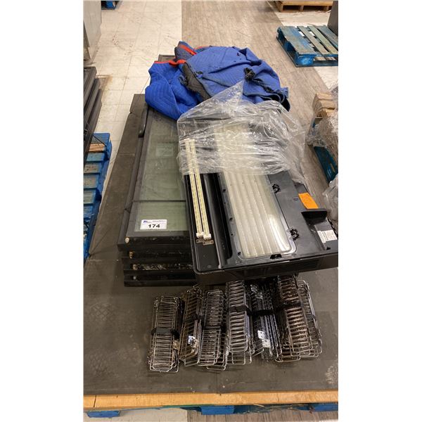 PALLET OF 8 COMMERCIAL GLASS FRONT / BLACK 29 3/4"W X 73"H COOLER DOORS, TOP LIGHT & GRATES