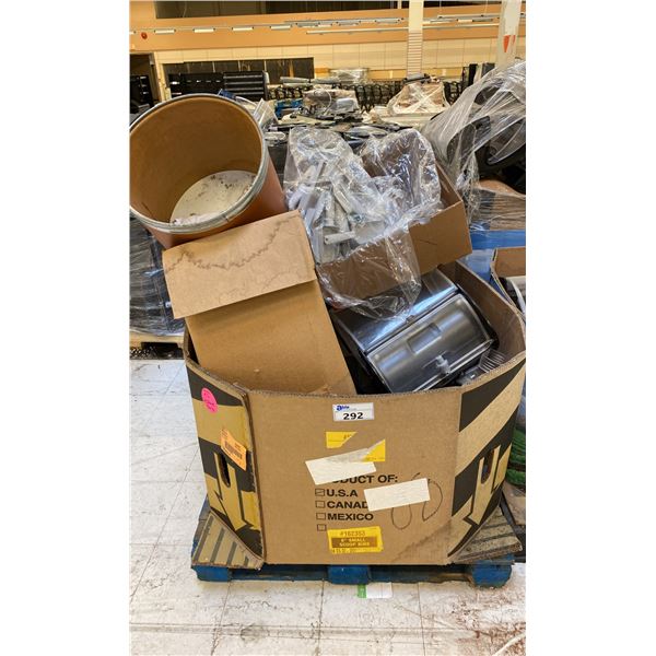 PALLET OF ASSORTED SIZE PLASTIC COMMERCIAL GRAVITY FED BULK BINS & A BOX OF PLASTIC SCOOPS