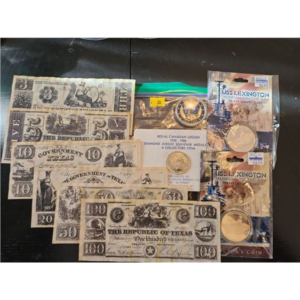 Historical Coin Collection USS Lexington USS Midway Canadian Legion Republic Texas Bill Collection