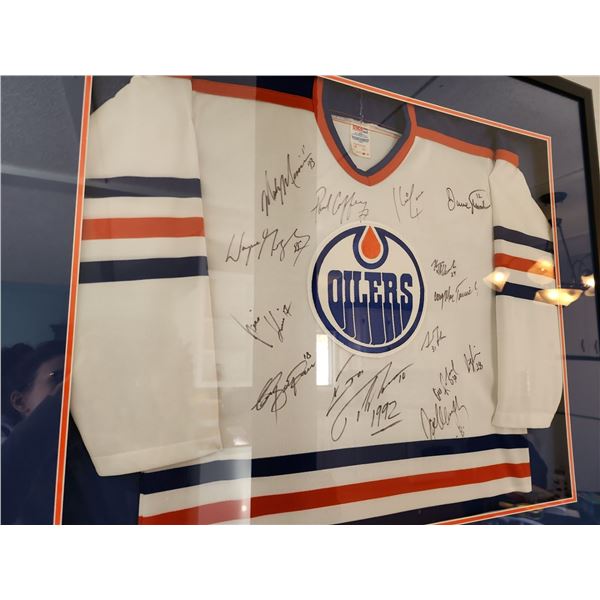 Framed Oilers Autographed Jersey  41 x 41 Wayne Gretsky Paul Coffee Mark Messiah Grant Fuhr Dave Hun