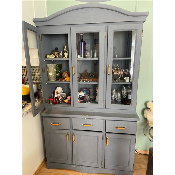 Solid Oak China Cabinet Chalk Painted Grey - CONTENTS NOT INCLUDED