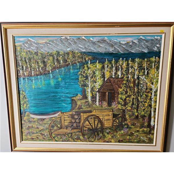 Canadian Artist D.T. Cabin In Mountains Oil On Canvass 42L 35T