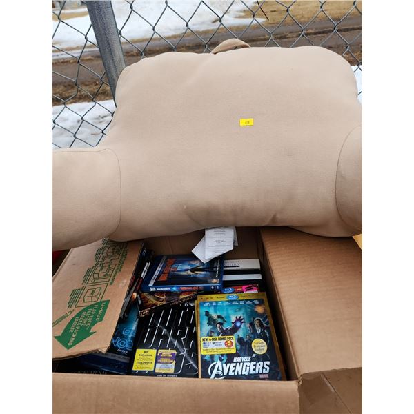 Box of DVD's and Back Rest