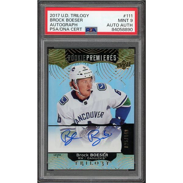2017 Upper Deck Trilogy Rookie Premieres Brock Boeser auto #025/149 - PSA 9