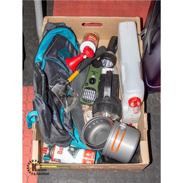 BOX OF CAMPING GEAR AND