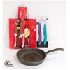 Image 1 : CAST IRON PAN & 2 SETS NEW KNIVES