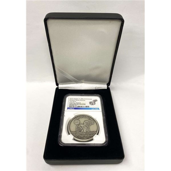 2019 Apollo 11 Robbins Medal Restrike 50th Anniversary 1 ozt Silver NGC Gem Unc. First Day Of Issue
