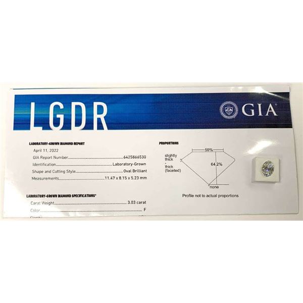 White Certified 3.03 Carat Oval Diamond "F" Color, "VS1" Clarity GIA