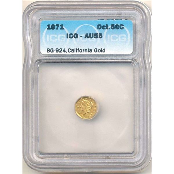 1871 BG-924 California Gold Octagon Half Dollar AU55