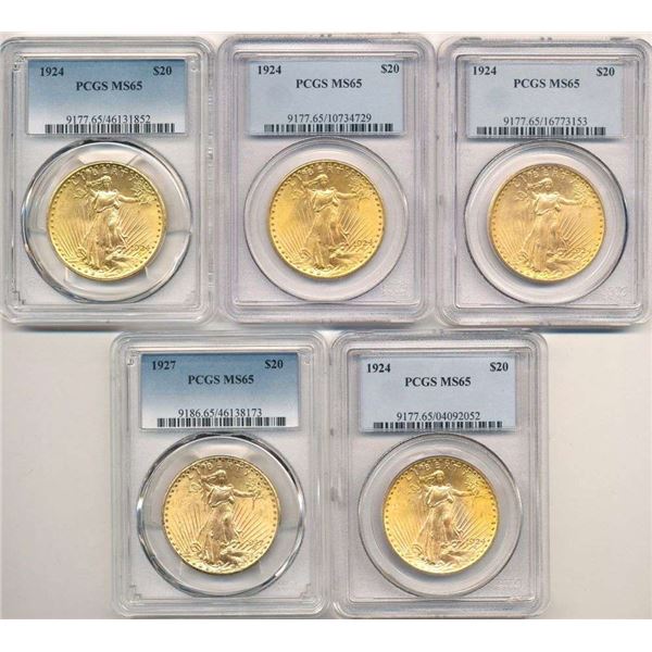 Last Minute! (5) 1924-1927 Saint Guadens $20 Gold PCGS MS65 Must Sell Tonight