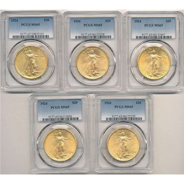 Last Minute! (5) 1924 Saint Gaudens $20 Gold PCGS MS65 Must Sell Tonight