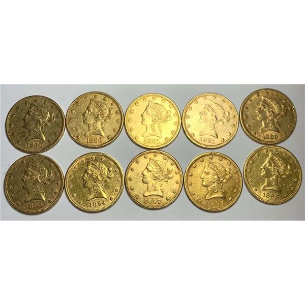 Last Minute! (10) 1880-S-1899 Gold $10 Liberty Head Almost Mint