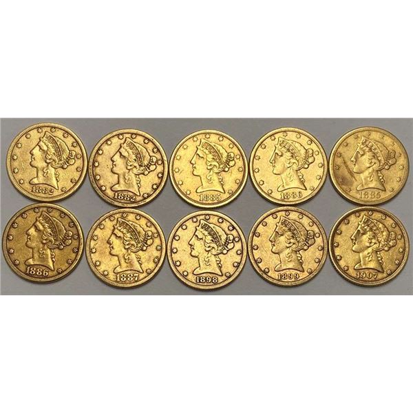 Last Minute! (10) 1882-S-1907-D Gold $5 Liberty Head Circ.