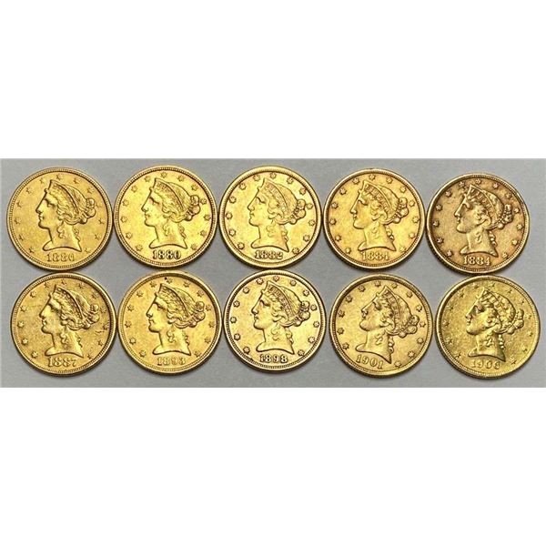 Last Minute! (10) 1880-1903 Gold $5 Liberty Head AU/BU
