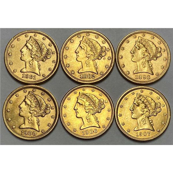 Last Minute! (6) 1881-S-1907 Gold $5 Liberty Head MS63