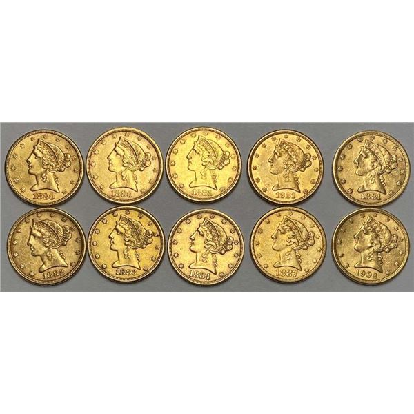 Last Minute! (10) 1880-S-1903-S Gold $5 Liberty Head AU/BU