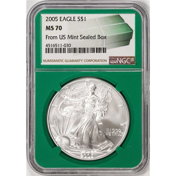 2005 $1 American Silver Eagle Coin NGC MS70 From US Mint Sealed Box Green Core