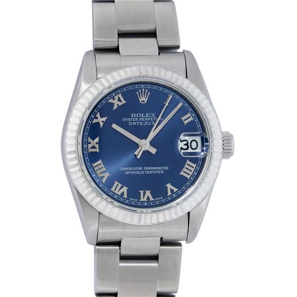 Rolex Ladies Midsize Stainless Steel Blue Roman Datejust Wristwatch