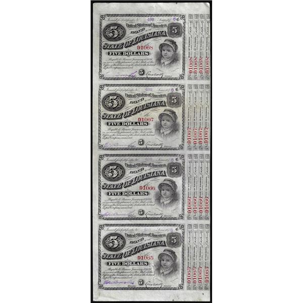 Uncut Sheet of (4) State of Louisiana Baby Bond Obsolete Notes