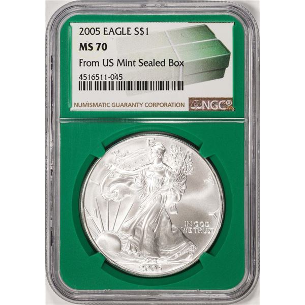 2005 $1 American Silver Eagle Coin NGC MS70 From US Mint Sealed Box Green Core