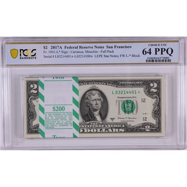 Pack 2017A $2 Federal Reserve STAR Notes SF Fr.1941-L* PCGS Choice Uncirculated 64PPQ