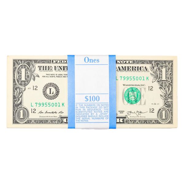 Pack of (100) Consecutive 2013 $1 Federal Reserve Notes San Francisco