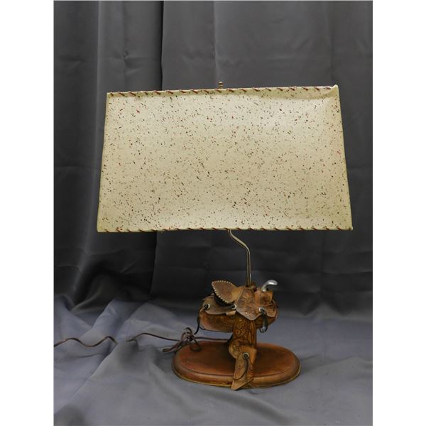 Vintage MCM Real Leather Saddle Lamp with Fibreglass Shade