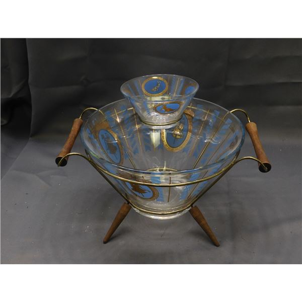 Vintage Glass Chip & Dip Bowl Blue & Gold Design, Metal & Wooden Tray w Handles