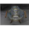 Image 2 : Vintage Glass Chip & Dip Bowl Blue & Gold Design, Metal & Wooden Tray w Handles