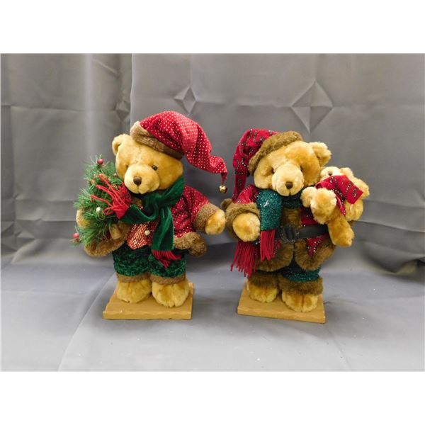 Pair of Christmas Holiday Teddy Bear Plushies on Wood Base